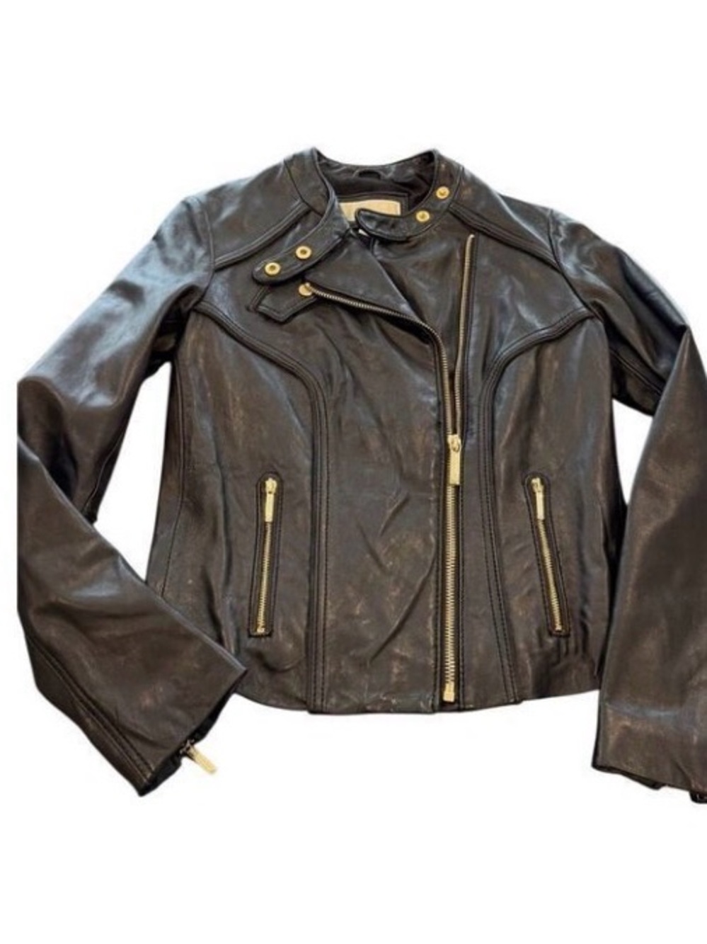 Michael Kors Black Genuine Leather Moto Jacket Gold Hardware size S
